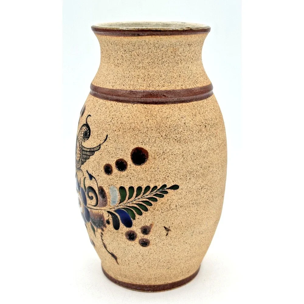 Netzi Tonala Pottery Burnished Clay Vase Hand-Painted Bird Floral Motif Signed‎